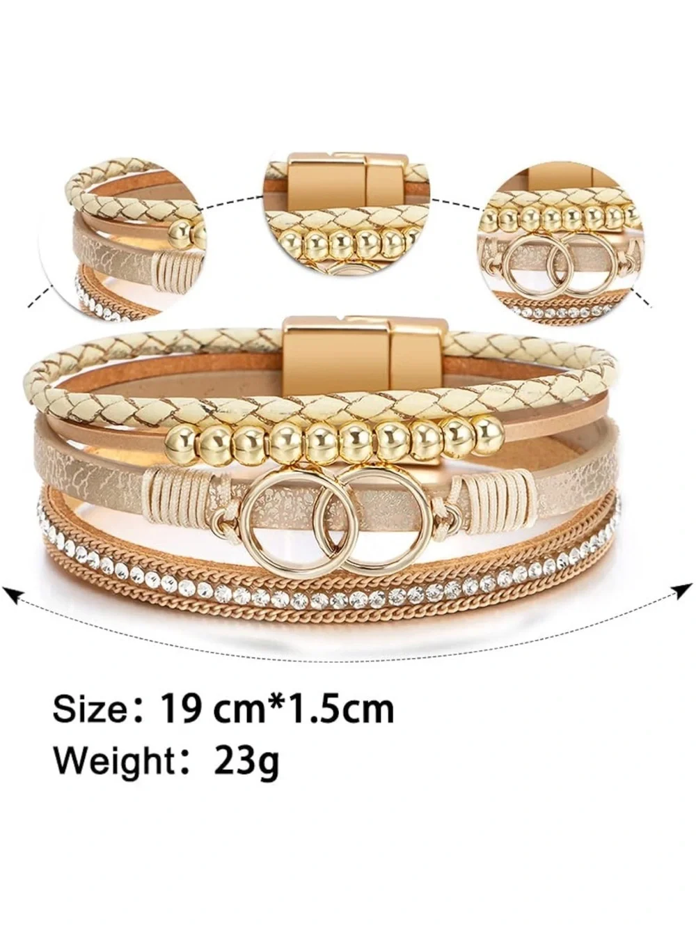 Anthropologie Beige and Gold Multi-Strand Bracelet with Crystal Trim